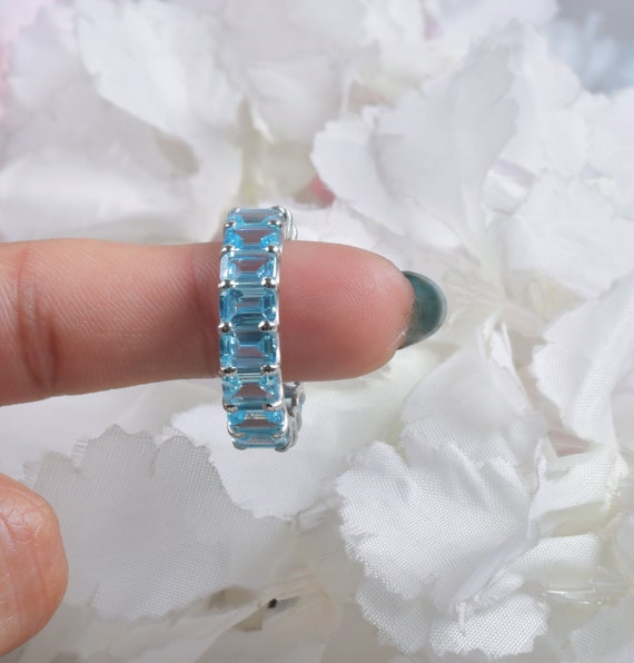 Octagon Aquamarine Eternity Band, Sterling Silver Wedding Ring Octagon Aquamarine Eternity Band, Sterling Silver Wedding Ring