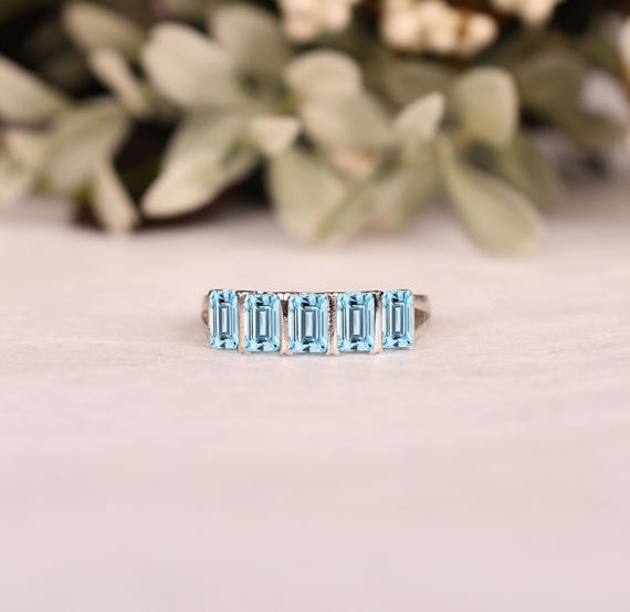 Octagon Aquamarine Half Eternity Band, Birthstone Ring, Bridal Jewelry Octagon Aquamarine Half Eternity Band, Birthstone Ring, Bridal Jewelry