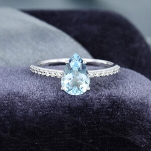 Pear shaped Aquamarine engagement ring white gold engagement ring vintage Half eternity moissanite ring Anniversary gift for women Pear shaped Aquamarine engagement ring white gold engagement ring vintage Half eternity moissanite ring Anniversary gift for women