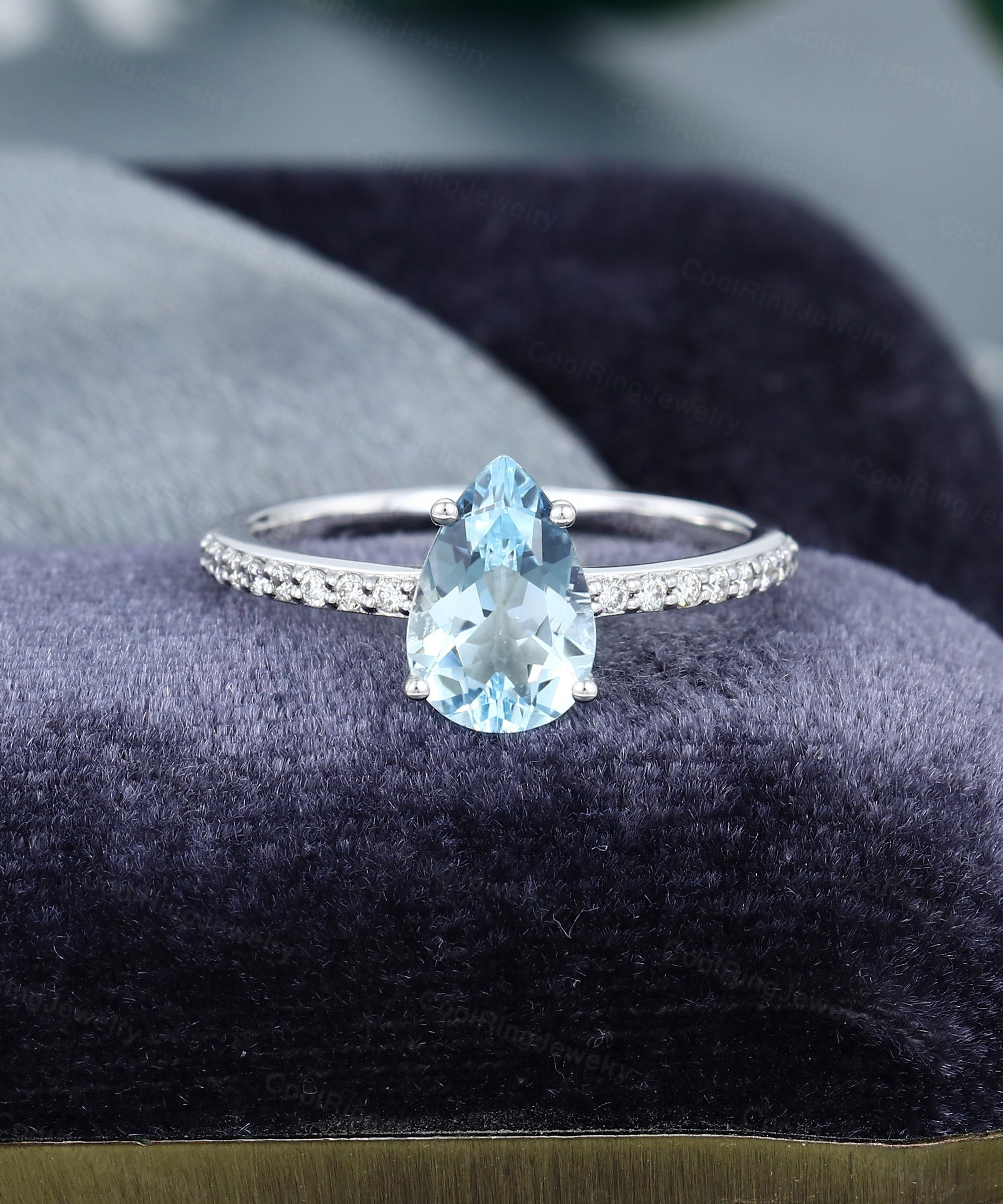 Pear Shaped Aquamarine Engagement Ring White Gold Engagement Ring Vintage Half Eternity Moissanite Ring Anniversary Gift For Women Pear Shaped Aquamarine Engagement Ring White Gold Engagement Ring Vintage Half Eternity Moissanite Ring Anniversary Gift For Women
