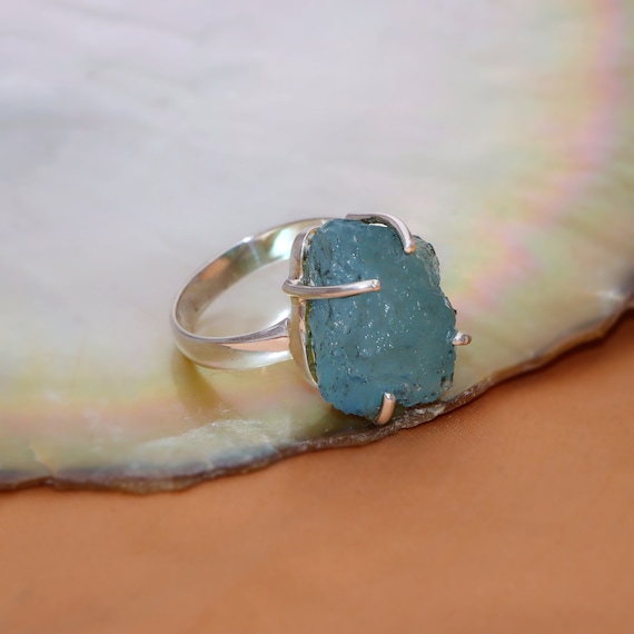 Rough Aquamarine Ring: Handmade 925 Sterling Silver Solitaire