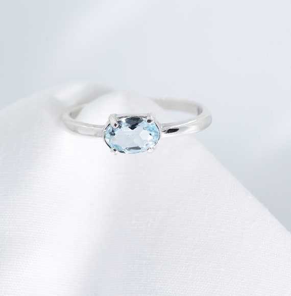 Aquamarine Ring, Set East To West, Genuine Gemstone 8x6mm Oval, Set In 925 Sterling Silver Mount Aquamarine Ring, Set East To West, Genuine Gemstone 8x6mm Oval, Set In 925 Sterling Silver Mount