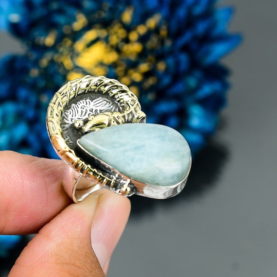 Aquamarine Snake Ring: 18k Gold Plated Sterling Silver Adjustable Gemstone