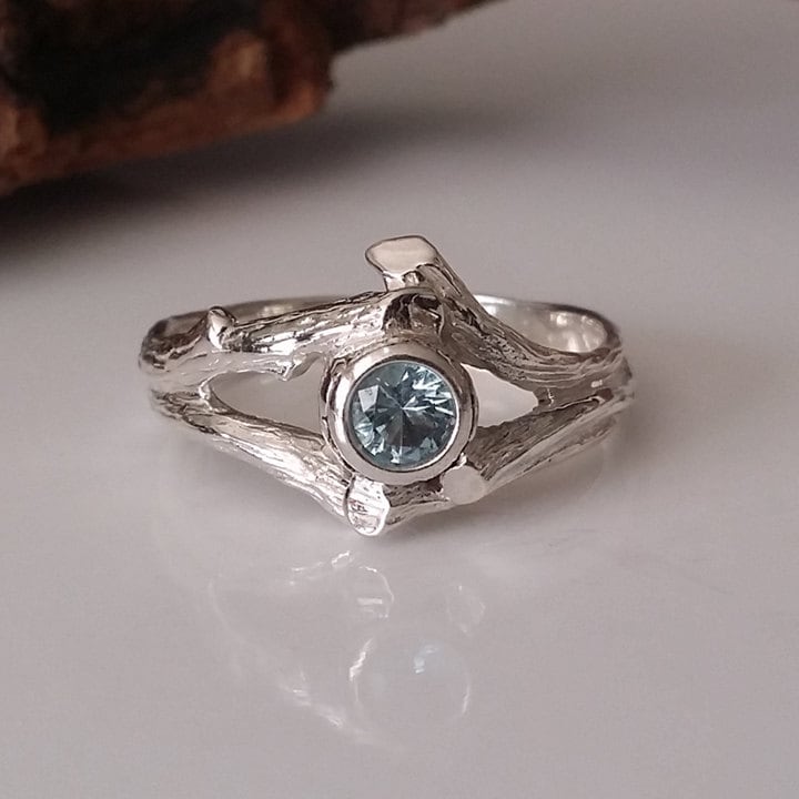 Twig Aquamarine Ring: 14k White Gold Nature Wedding Ring
