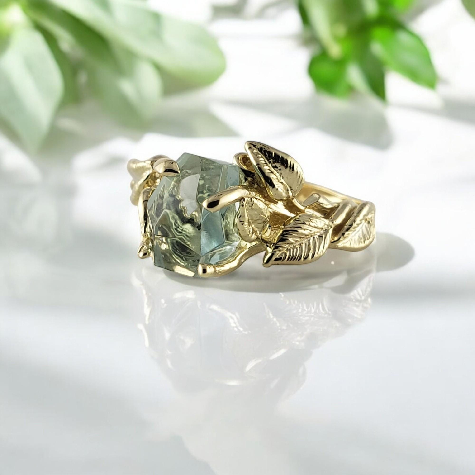 Unique Raw Aquamarine Leaf Engagement Ring - Twig Setting In Solid Gold By Dv Designs