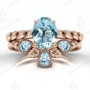 Vine Leaf Aquamarine Engagement Ring Set Art Deco Aquamarine Gemstone 2 Piece Ring Set 925 Silver Aquamarine Wedding Ring Set Gift For Women Vine Leaf Aquamarine Engagement Ring Set Art Deco Aquamarine Gemstone 2 Piece Ring Set 925 Silver Aquamarine Wedding Ring Set Gift For Women