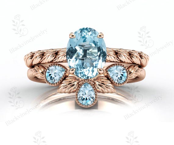 Vine Leaf Aquamarine Engagement Ring Set Art Deco Aquamarine Gemstone 2 Piece Ring Set 925 Silver Aquamarine Wedding Ring Set Gift For Women