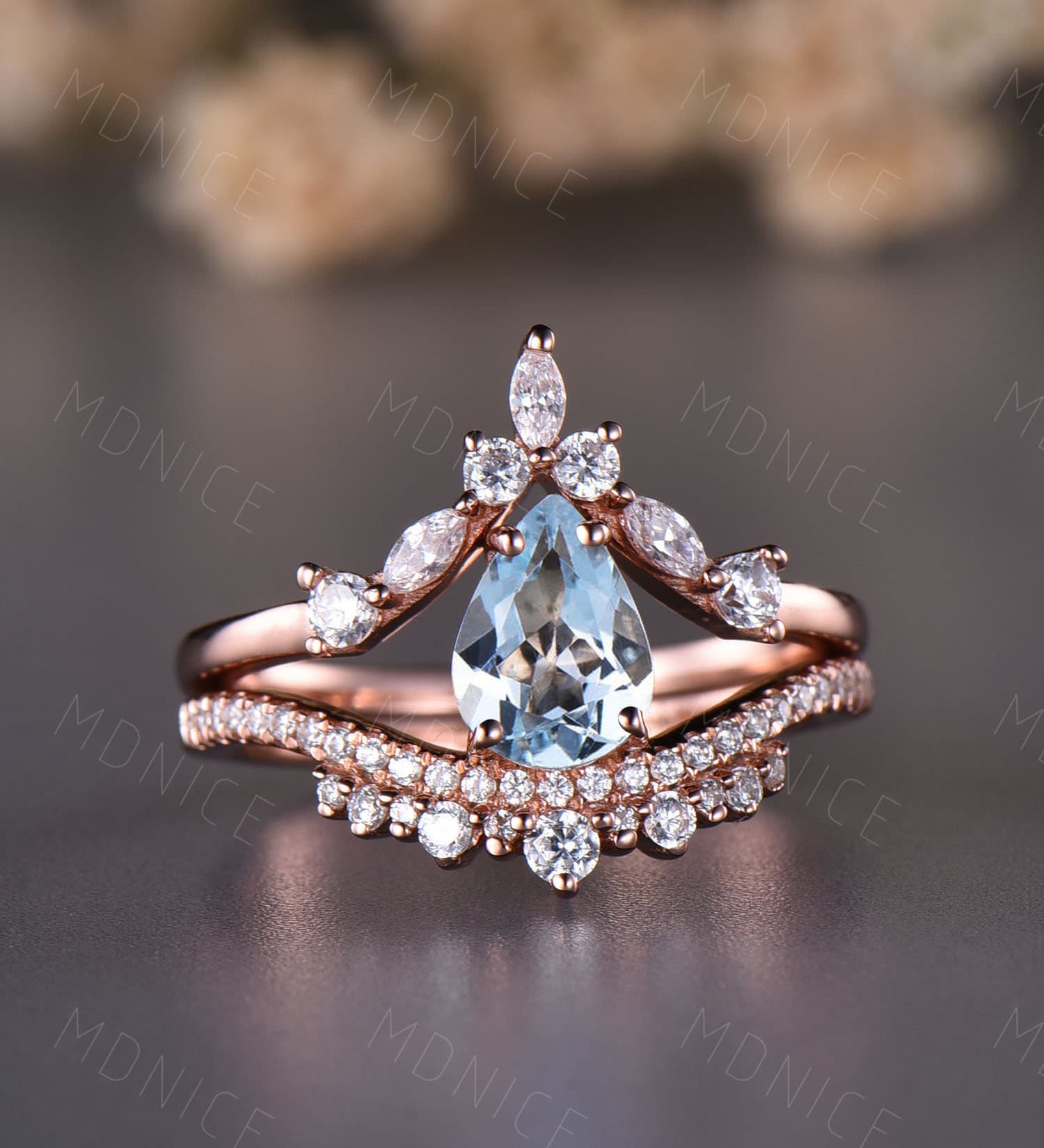 Vintage Aquamarine Engagement Ring Set: Rose Gold Art Deco Bridal Ring Vintage Aquamarine Engagement Ring Set: Rose Gold Art Deco Bridal Ring