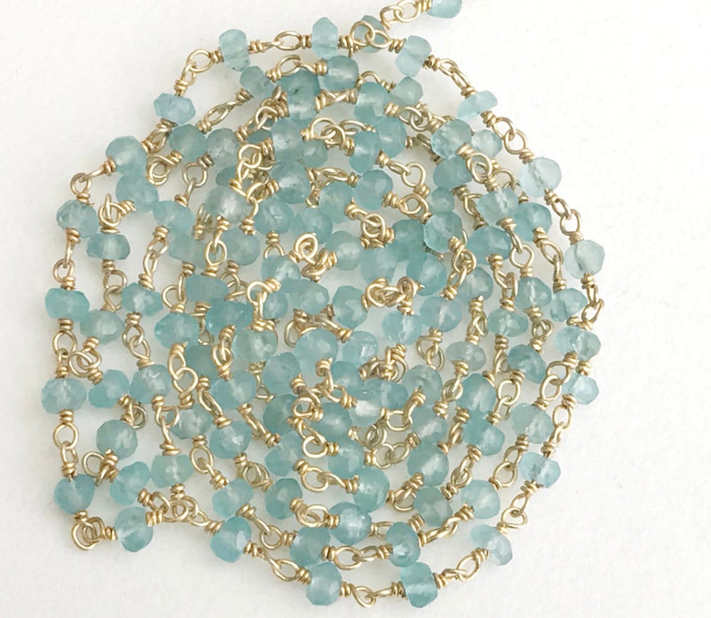 3-3.5mm Aquamarine Wire Wrapped Faceted Rondelle Bead, Chain By Foot, Rosary Style Beaded Chain, 18kt Gold Polish (1foot To 5feet Option)