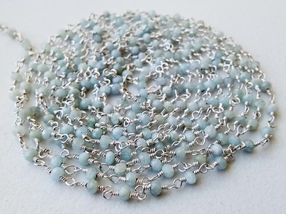 3mm Aquamarine Wire Wrapped Faceted Rondelle Chain By The Foot, Rosary Style Beaded Chain, Aqua Rosary 925 Silver (1foot To 5feet Option) 3mm Aquamarine Wire Wrapped Faceted Rondelle Chain By The Foot, Rosary Style Beaded Chain, Aqua Rosary 925 Silver (1foot To 5feet Option)