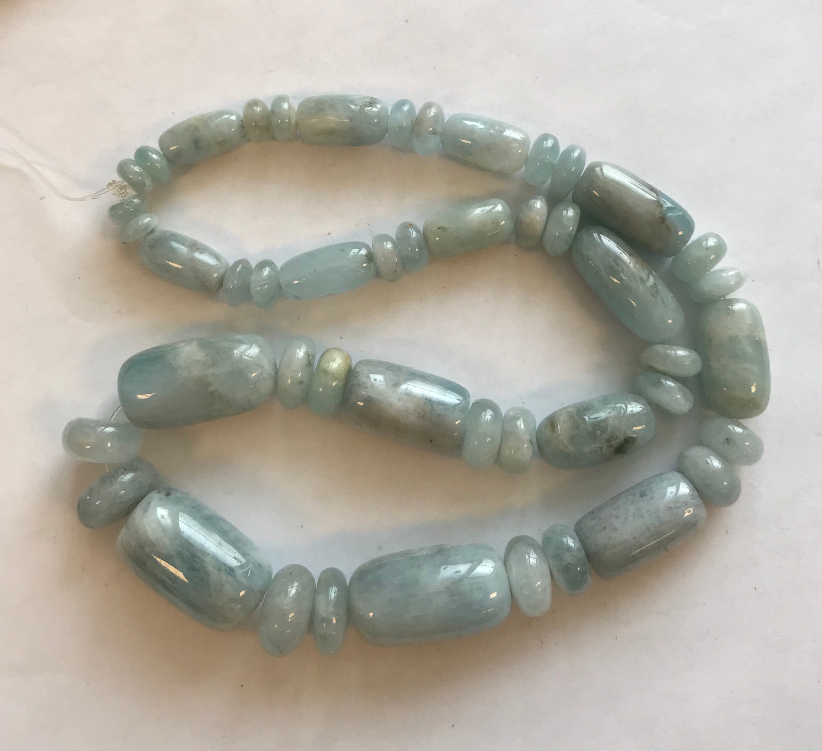 Natural Aquamarine 8x4mm-15x10mm Rondelle And (8-9)x(13-20)mm Barrel Graduated Gemstone Beads  -18 Inch Strand