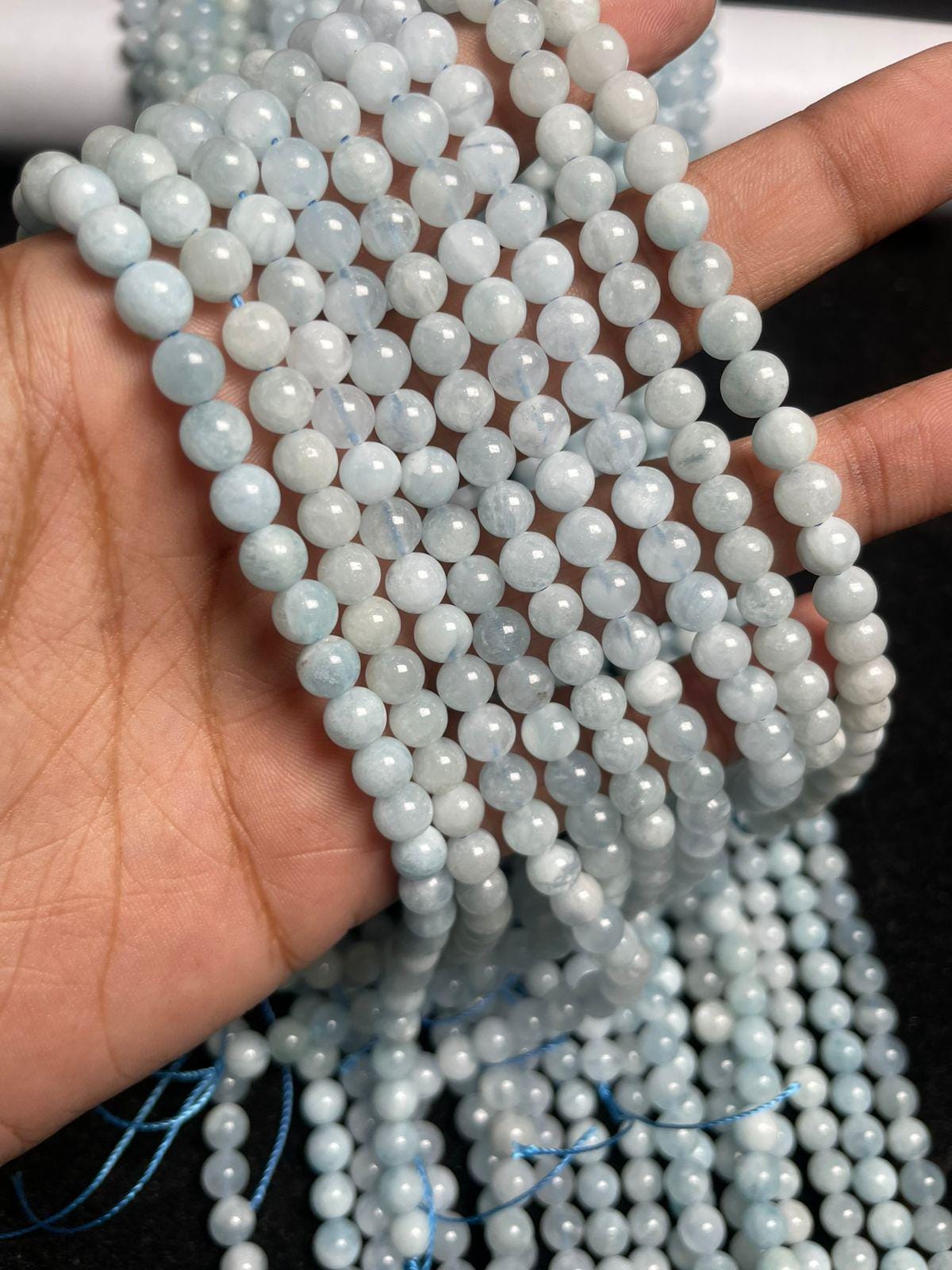 New Brand- Natural Aquamarine Smooth Round Gemstone Beads, Size- 6 Mm Blue Aqua Birthstone Beads, 15 Inches Strand For Making Jewelry