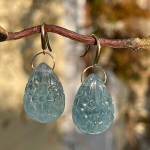 Carved Aquamarine Briolette, 14k Solid Gold Earwire