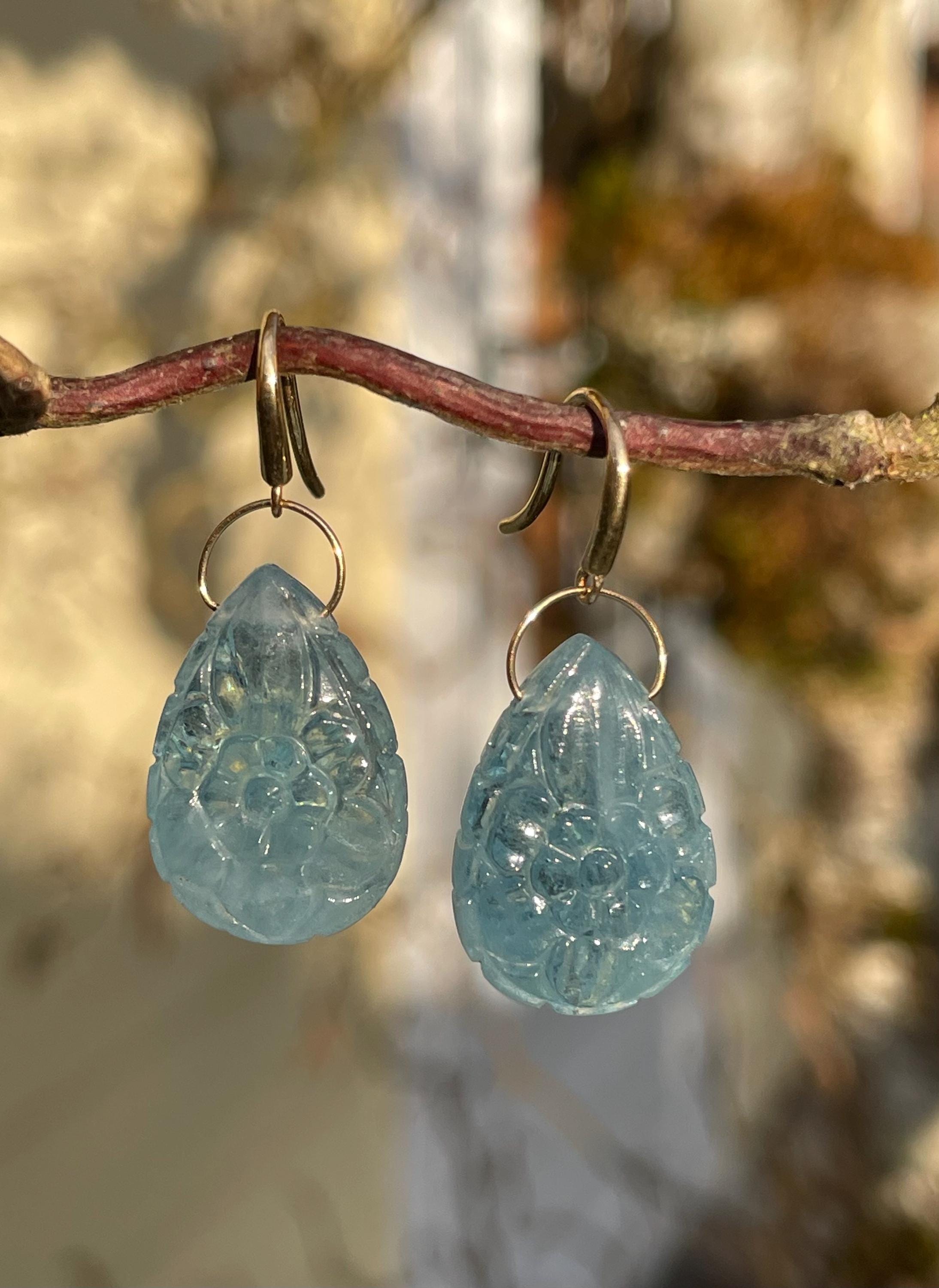 Carved Aquamarine  Briolette, 14k Solid Gold Earwire