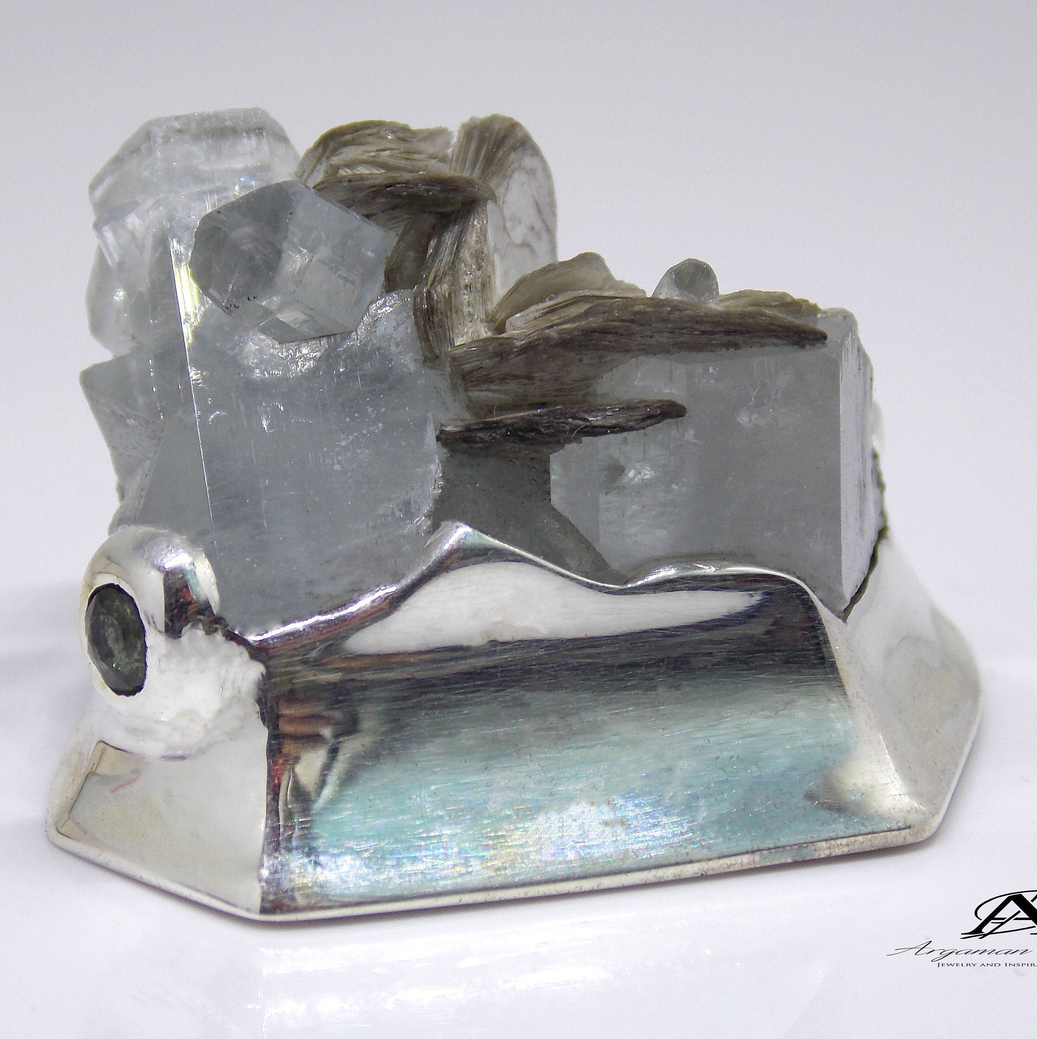 Aquamarine Crystal Figurine, Sterling Silver Base, Home Decor