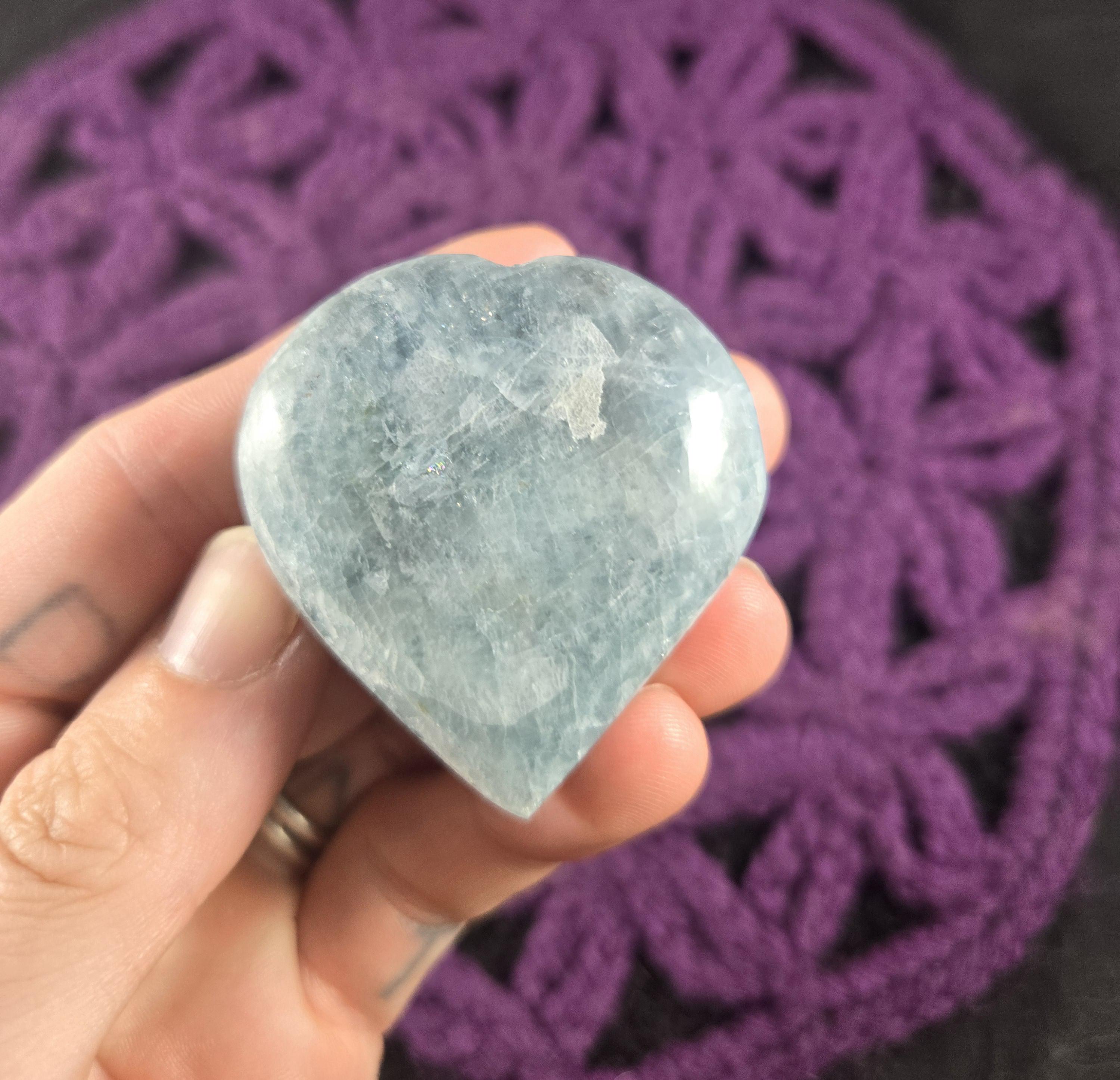 Aquamarine Crystal Heart Stone Polished Stones Pocket Crystals Heart Shaped Rock Blue March Birthstone