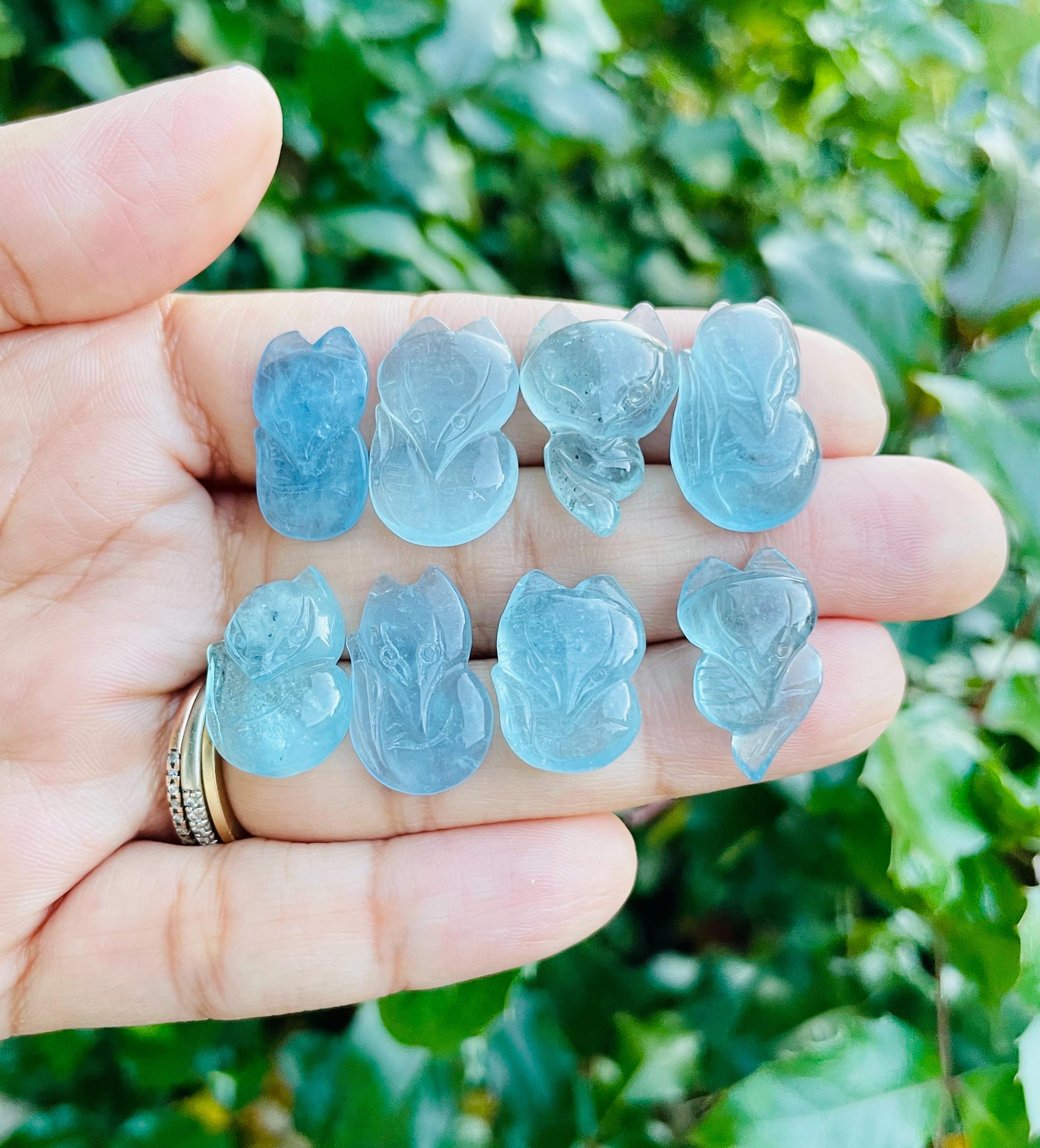 Aquamarine Fox Carving: Mini Animal Carving Polished Crystal Gemstone (15-19mm)