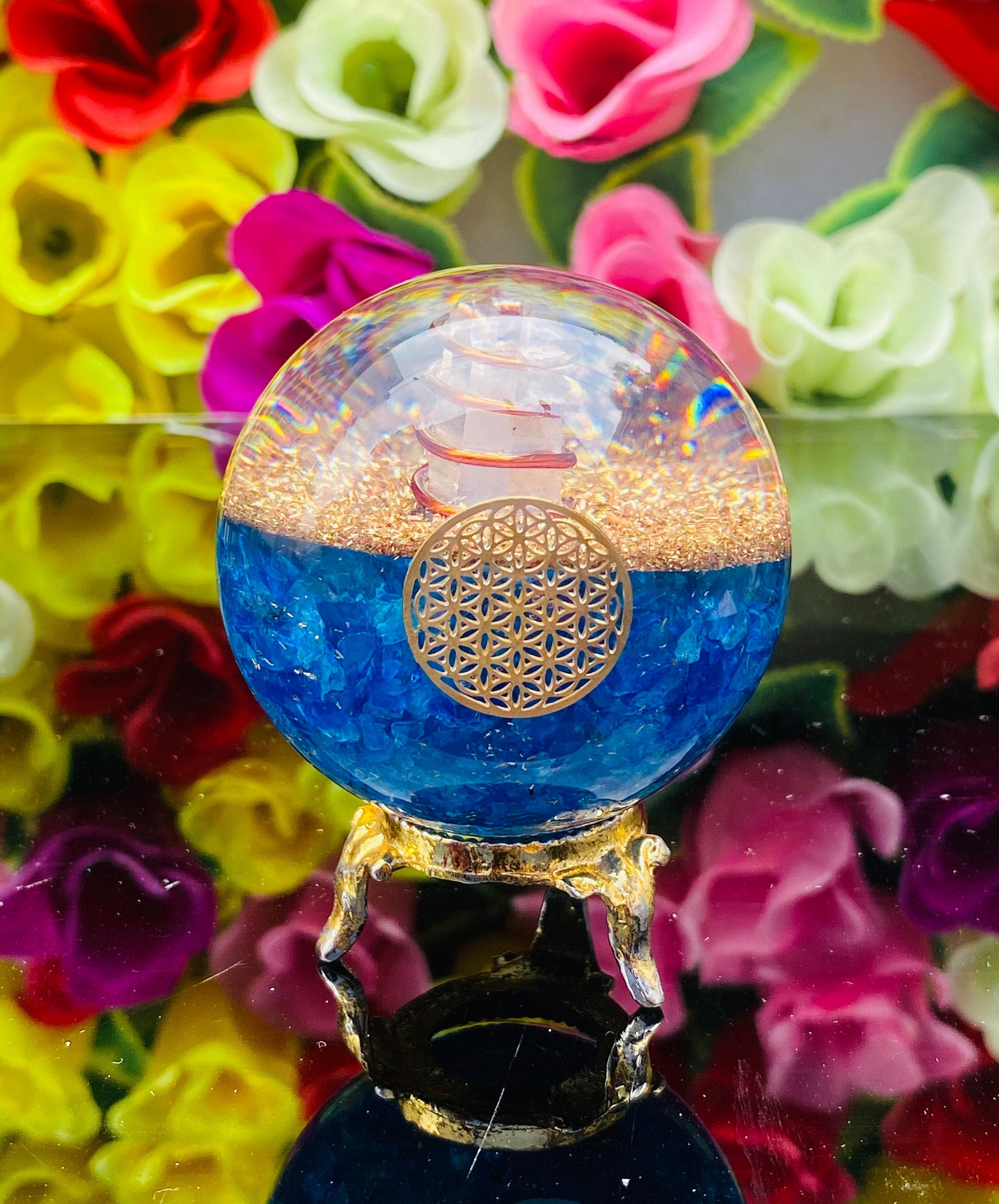 Aquamarine Orgonite Sphere: Copper Energy Healing Crystal, Chakra Meditation