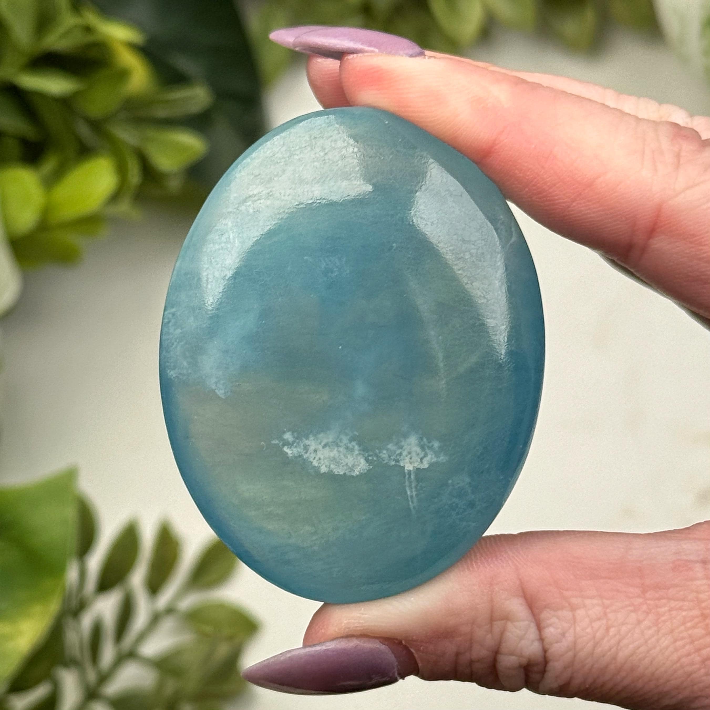 Aquamarine Palmstone | 48g | - #1 (polished Blue Crystal Pocket Stone Palm, Throat Chakra, Peace)