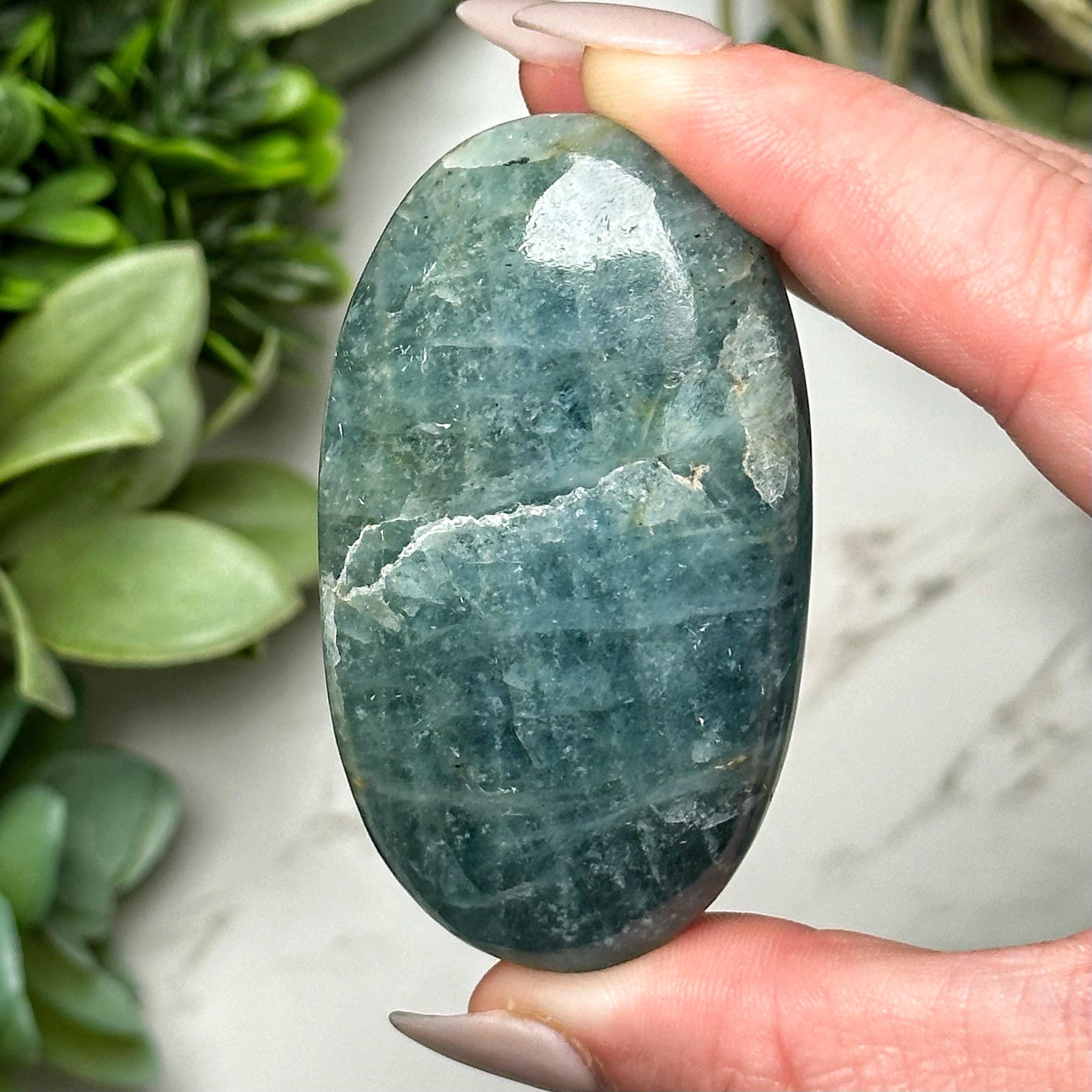 Aquamarine Palmstone | 66g | - #3 (polished Blue Crystal Pocket Stone Palm, Throat Chakra, Peace)