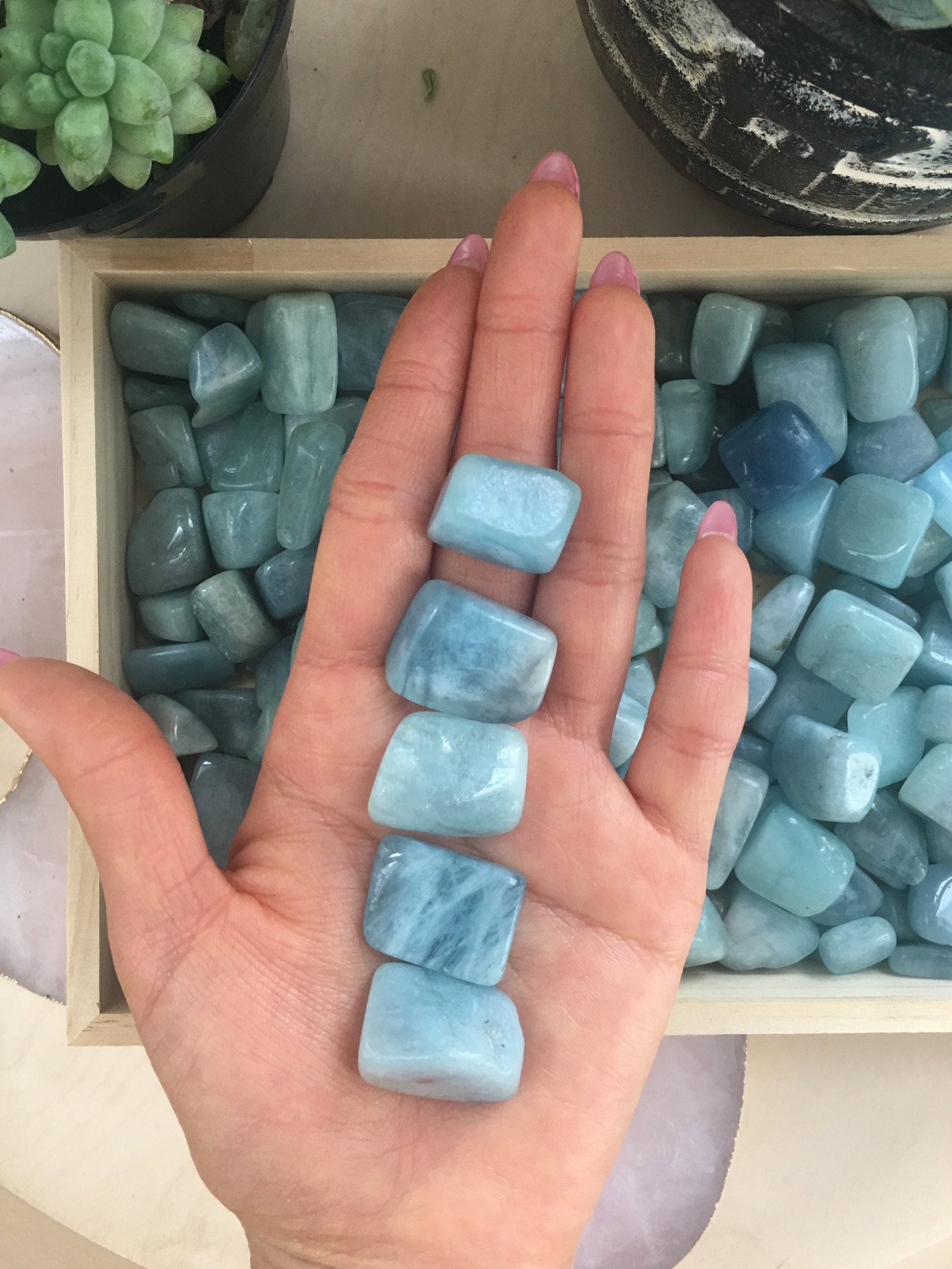 Five Blue Aquamarine Tumbled Stones, Stone Of Courage Five Blue Aquamarine Tumbled Stones, Stone Of Courage