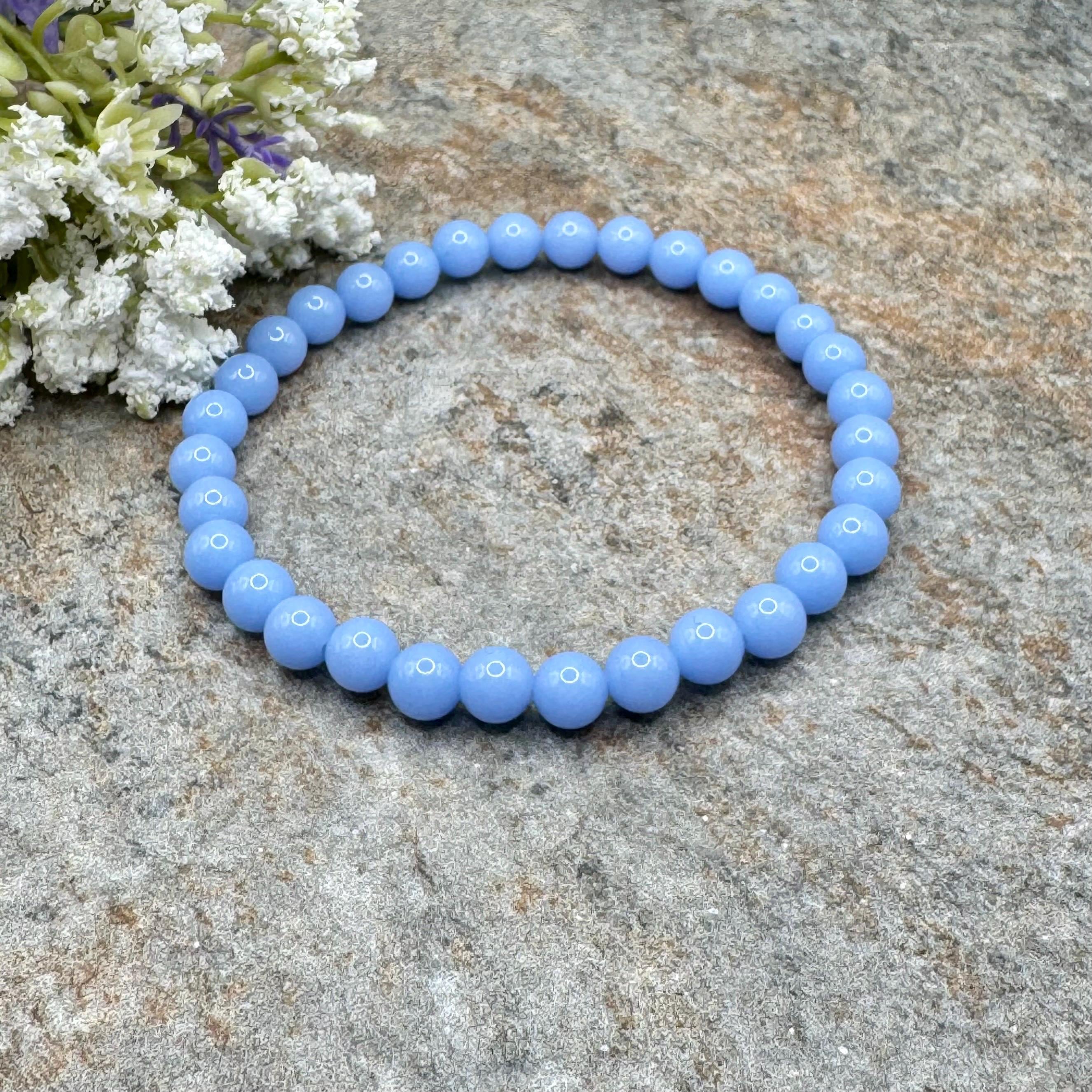 6mm Blue Aragonite Crystal Bracelet – Glows In The Dark, Stretch Jewelry, 7.5" 6mm Blue Aragonite Crystal Bracelet – Glows In The Dark, Stretch Jewelry, 7.5"