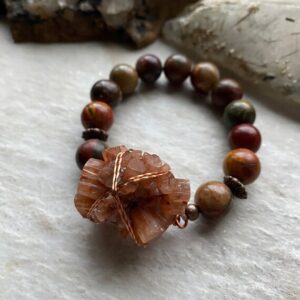 Aragonite Crystal Picasso Bead Stretch Bracelet - Copper Wire Wrapped Natural Raw Aragonite Gemstone Stretch Bracelet - Healing Jewelry