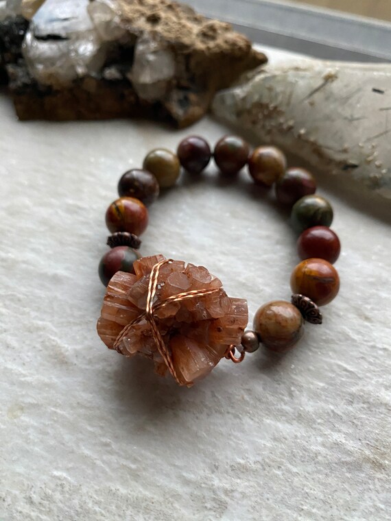 Aragonite Crystal Picasso Bead Stretch Bracelet - Copper Wire Wrapped Natural Raw Aragonite Gemstone Stretch Bracelet - Healing Jewelry