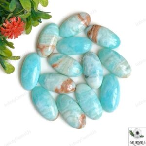 Blue Aragonite Cabochon, 10x20mm Approx Oval Shape 5pcs Lot With Flat-Back, Caribbean Calcite Gemstone For Jewelry Making, Loose Gemstone