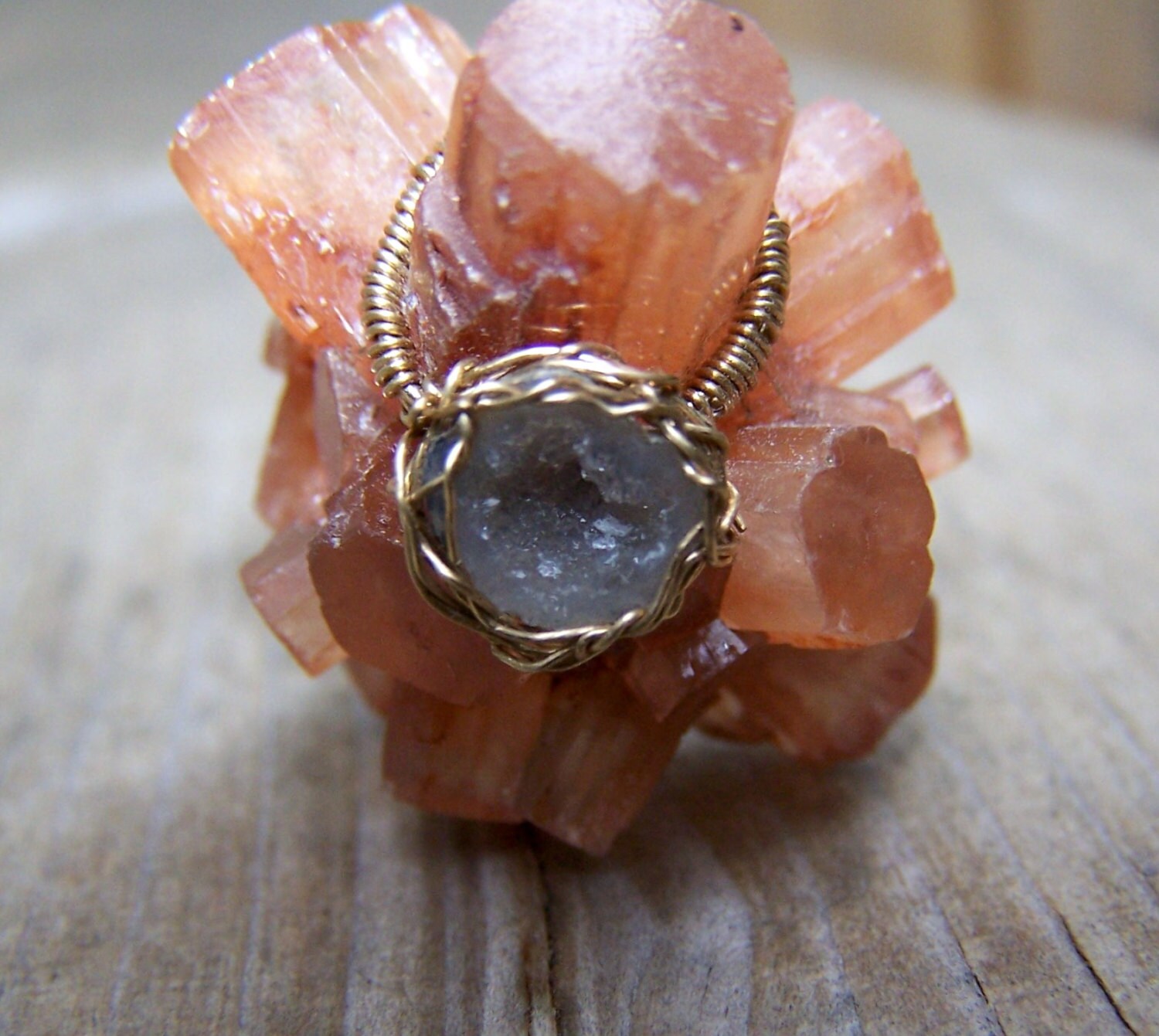 Aragonite Crystal Cluster, Micro Tabasco Geode 14k Goldfilled Wrap Pendant