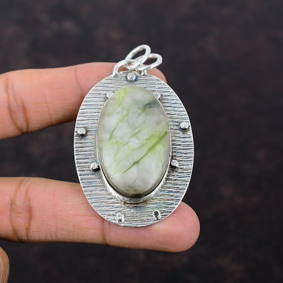 Green Aragonite Pendant: Handmade Boho 925 Sterling Silver Gemstone Jewelry