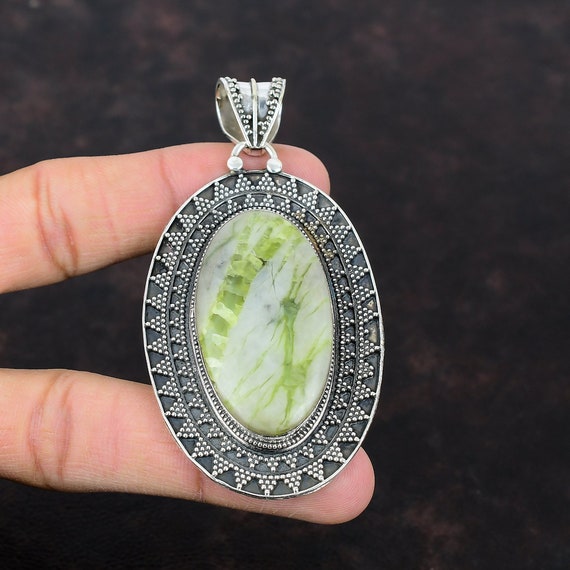 Green Aragonite Sterling Silver Pendant: Handmade Vintage Jewelry Green Aragonite Sterling Silver Pendant: Handmade Vintage Jewelry