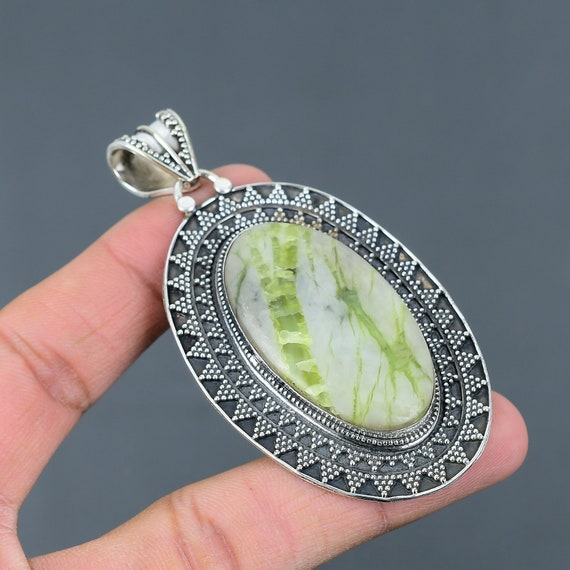 Green Aragonite Sterling Silver Pendant: Handmade Vintage Gemstone Jewelry