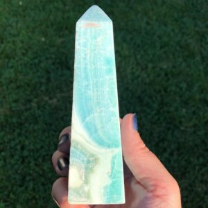 Blue Aragonite Crystal Tower: Banded Polished Point, Sparkly Druzy (5.2") #12