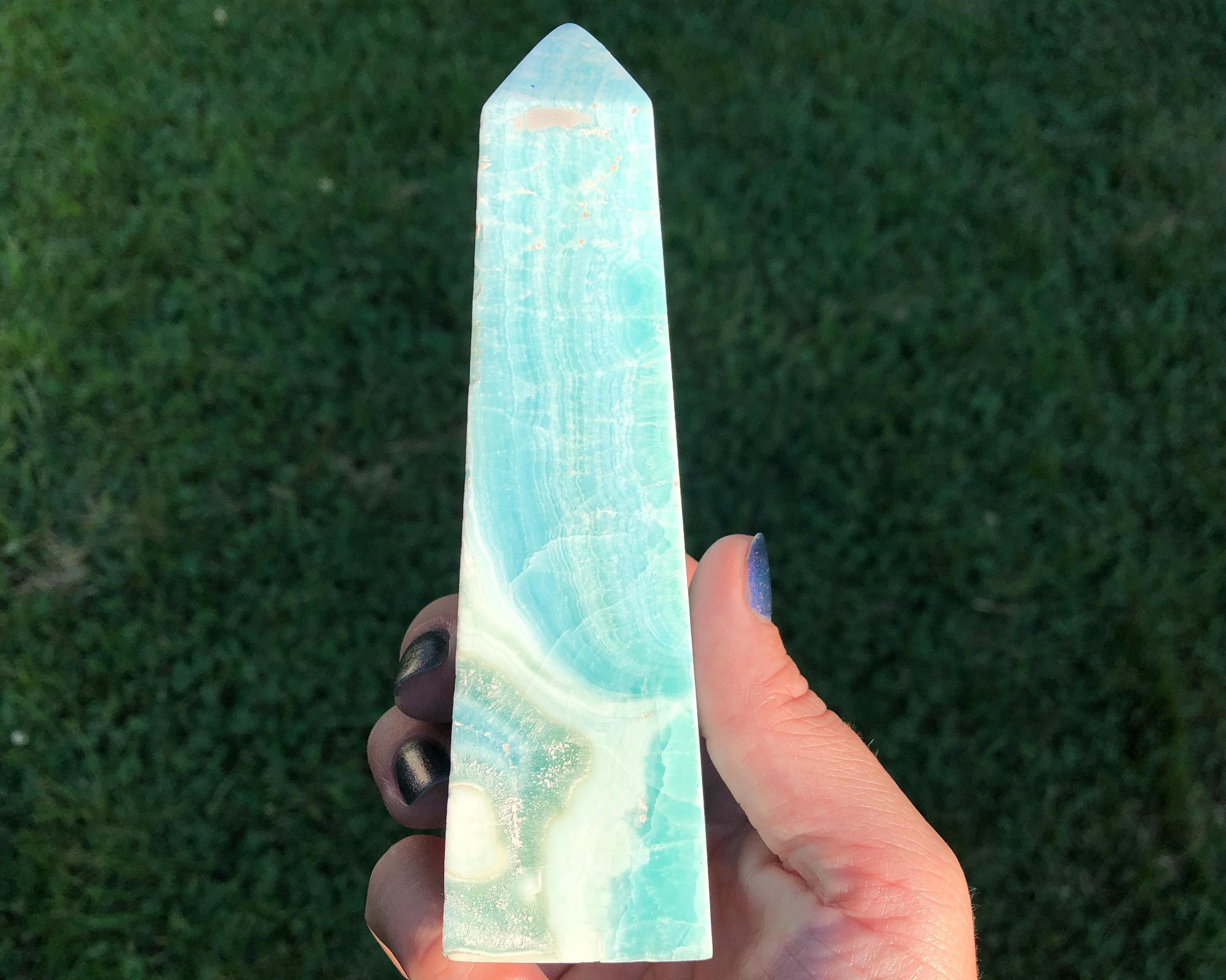 Blue Aragonite Crystal Tower: Banded Polished Point, Sparkly Druzy (5.2") #12