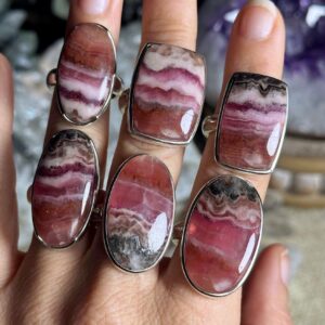 Large Pink Banded Aragonite Adjustable Ring, 925 Sterling Silver