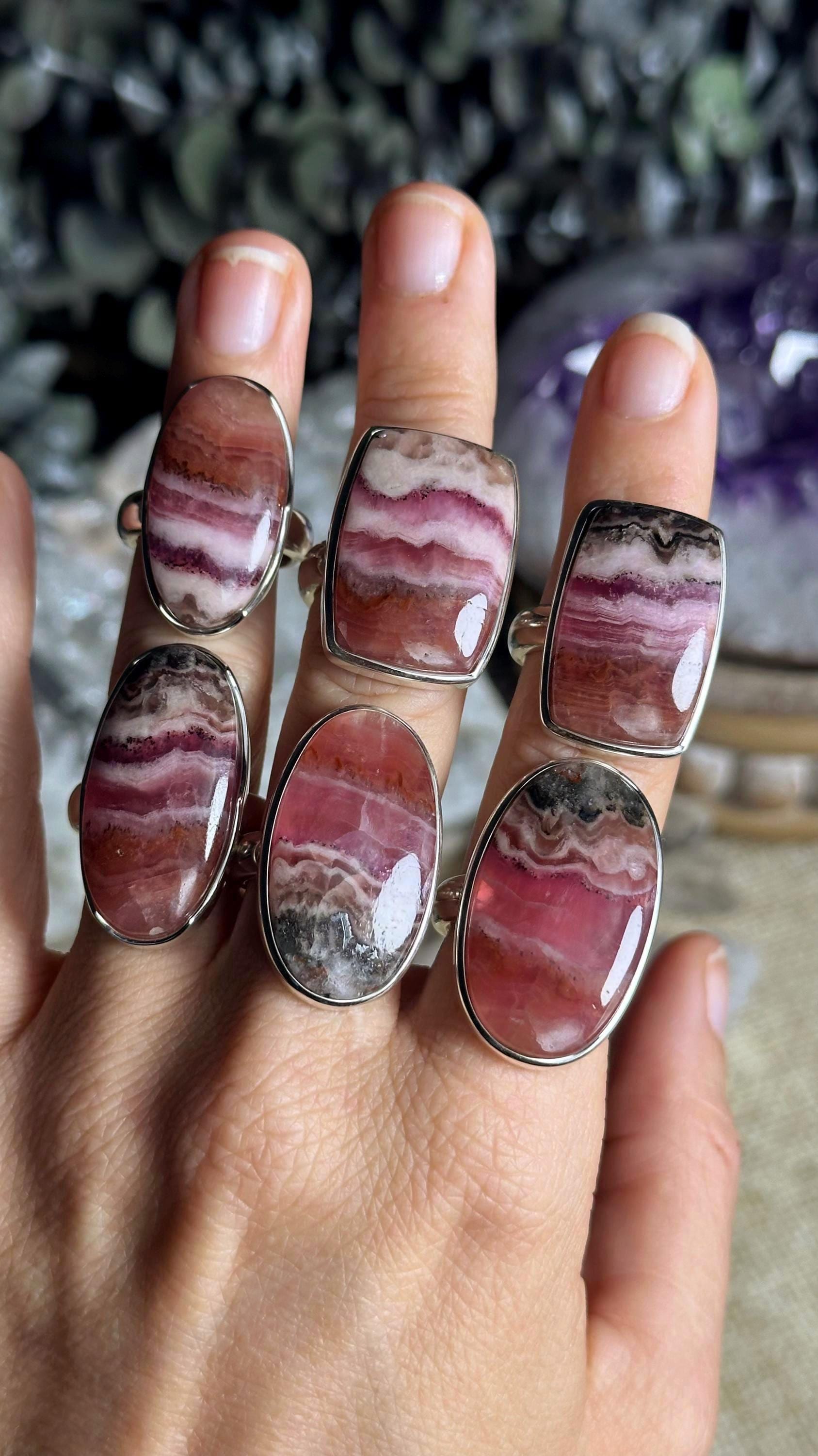 Large Pink Banded Aragonite Adjustable  Ring, 925 Sterling Silver
