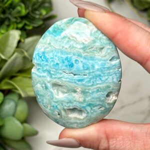 Blue Aragonite Palmstone | 58g | - #4 (polished Crystal Pocket Stone Palm, Throat Chakra, Peace) Blue Aragonite Palmstone | 58g | - #4 (polished Crystal Pocket Stone Palm, Throat Chakra, Peace)