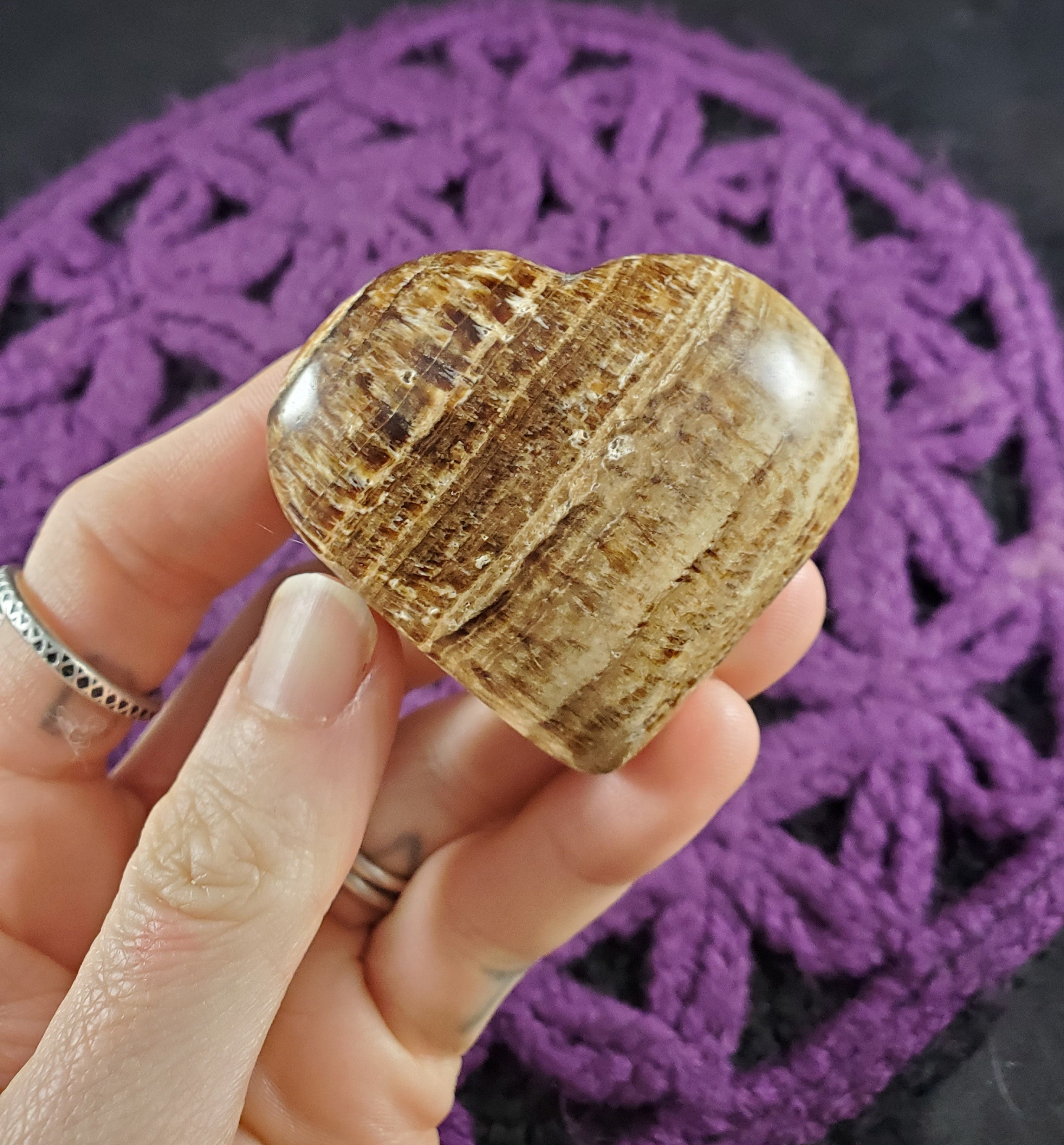 Aragonite Heart Crystal Stones Crystals Polished Brown Stripes Carving Carved Shape Rock Striped Peru