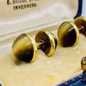 Art Deco Cat’s Eye Chrysoberyl Cufflinks by Sansbury & Nellis, barbell or spool cuff links