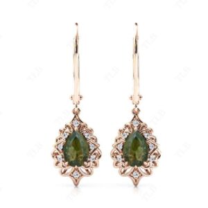 Art Deco Moldavite Filigree Earrings For Women 14k Gold Moldavite Wedding Earrings Antique Style Earrings Unique Lever Back Earrings For Her