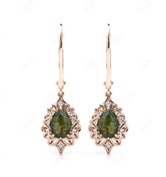 Art Deco Moldavite Filigree Earrings For Women 14k Gold Moldavite Wedding Earrings Antique Style Earrings Unique Lever Back Earrings For Her
