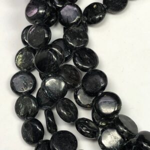 10mm Coin Black Astrophyllite Gemstone Beads. 15" Strand Of Coin Beads, 38 Per Strand. Sparkles Under Light. Titanium Silicate.