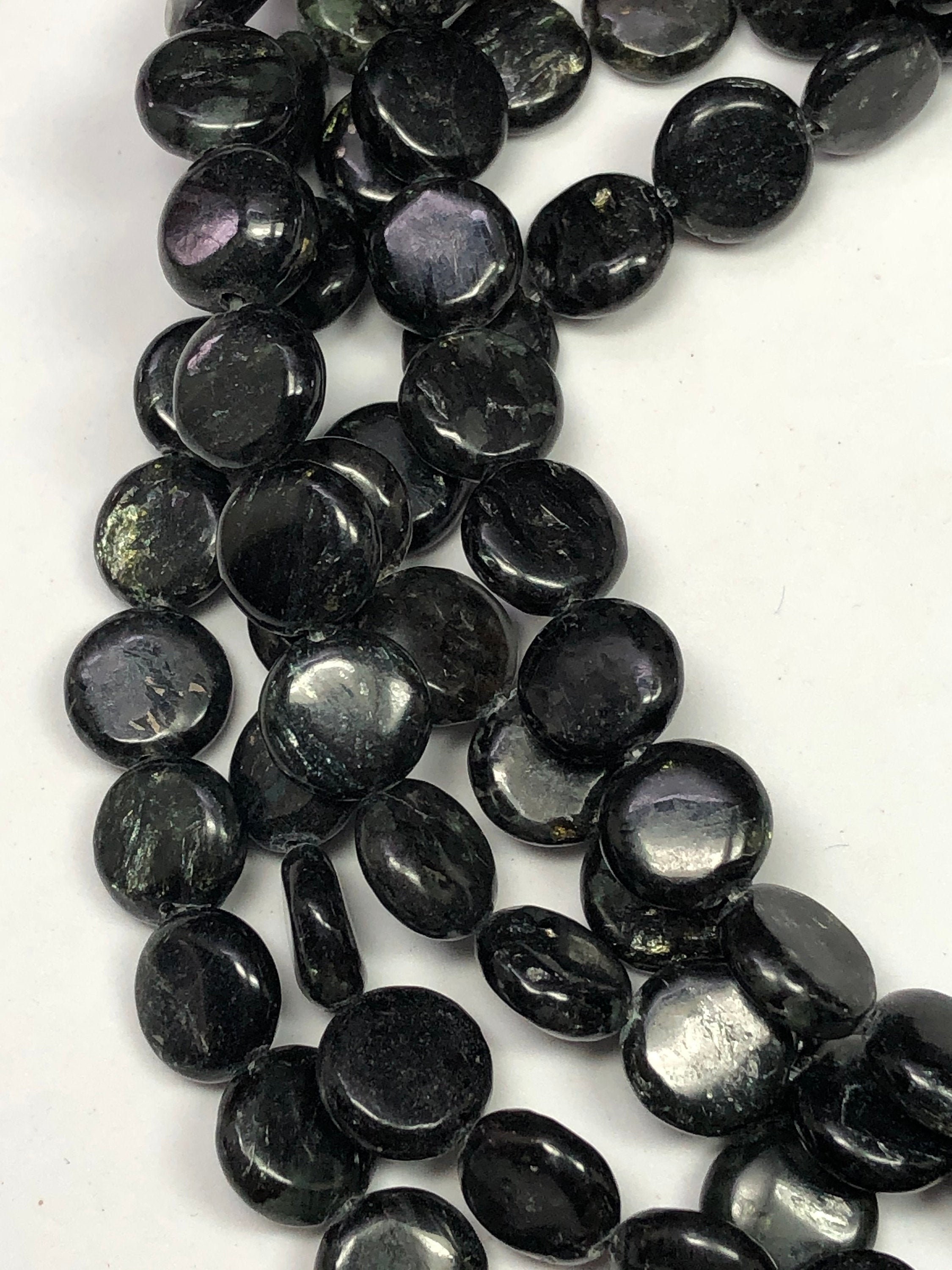 10mm Coin Black Astrophyllite Gemstone Beads. 15" Strand Of Coin Beads, 38 Per Strand. Sparkles Under Light. Titanium Silicate.