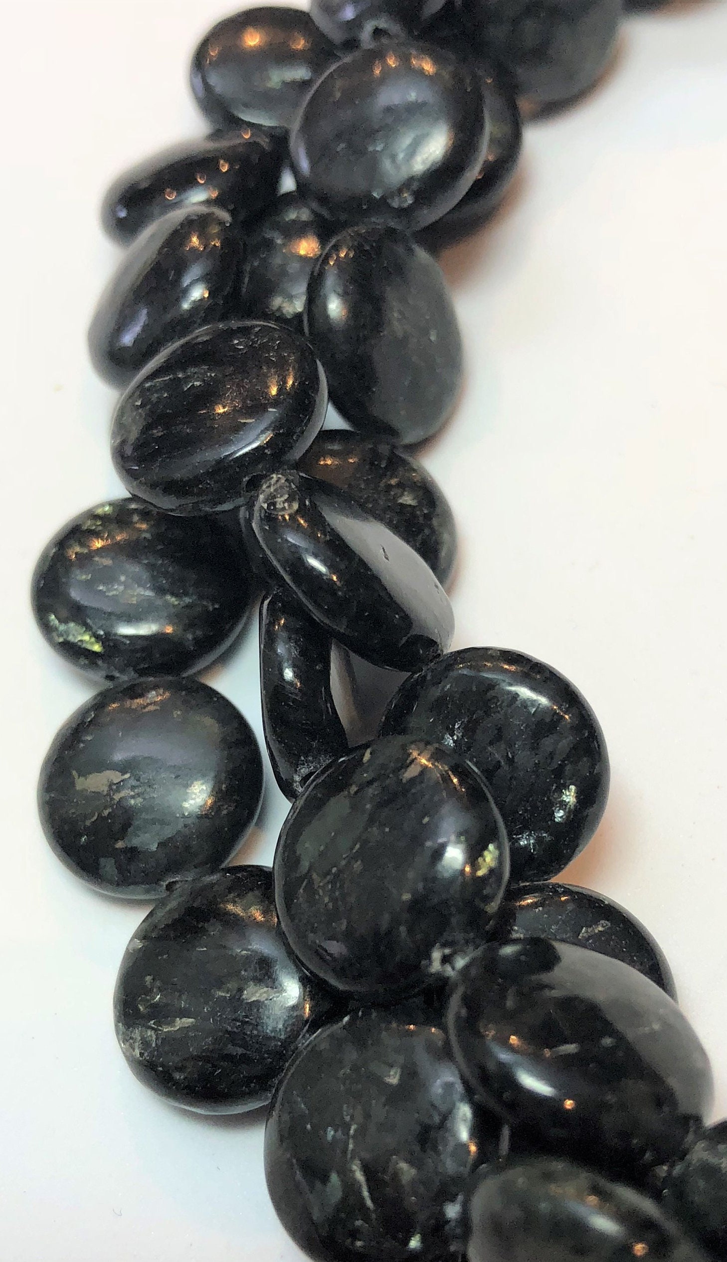 12mm Coin Black Astrophyllite Gemstone Beads. 15" Strand Of Coin Beads, 34 Per Strand. Sparkles Under Light. Titanium Silicate.