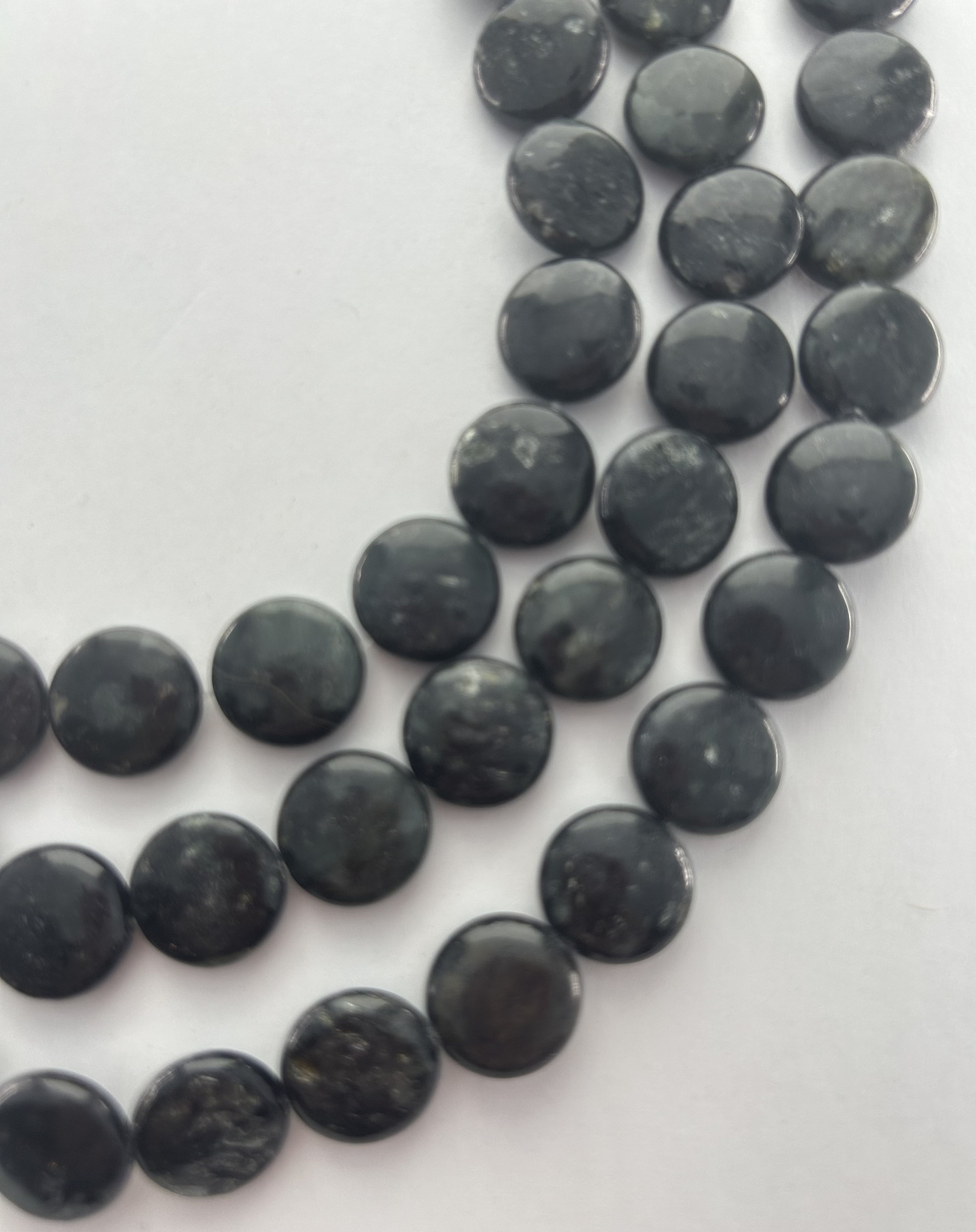 14mm Coin Black Astrophyllite Gemstone Beads. 15" Strand Of Coin Beads, 29 Per Strand. Sparkles Under Light. Titanium Silicate.