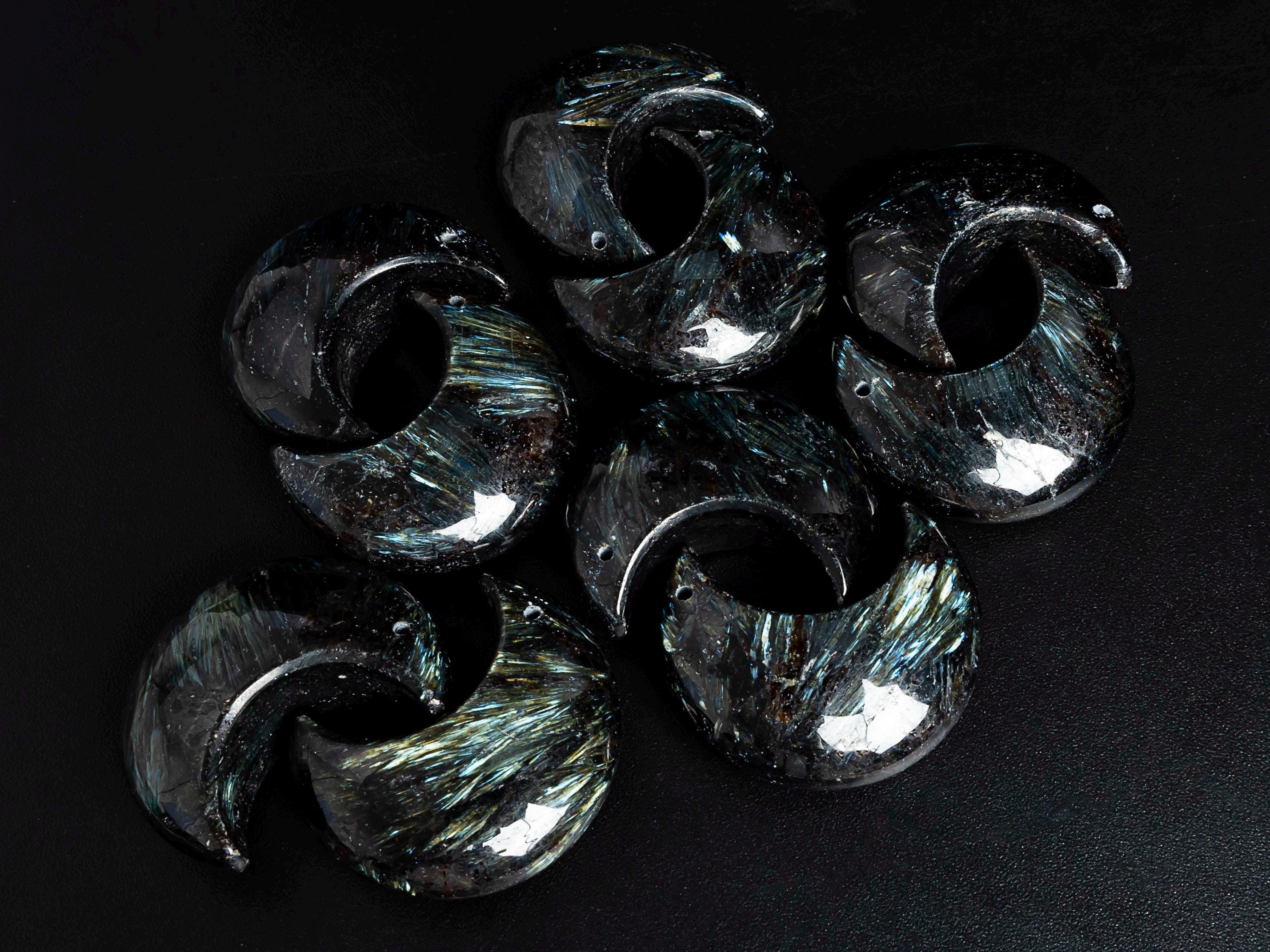 Genuine Natural Black Flash Astrophyllite Pendant-moon Shape Astrophyllite Top Drilled Cabochon Gemstone Pendant