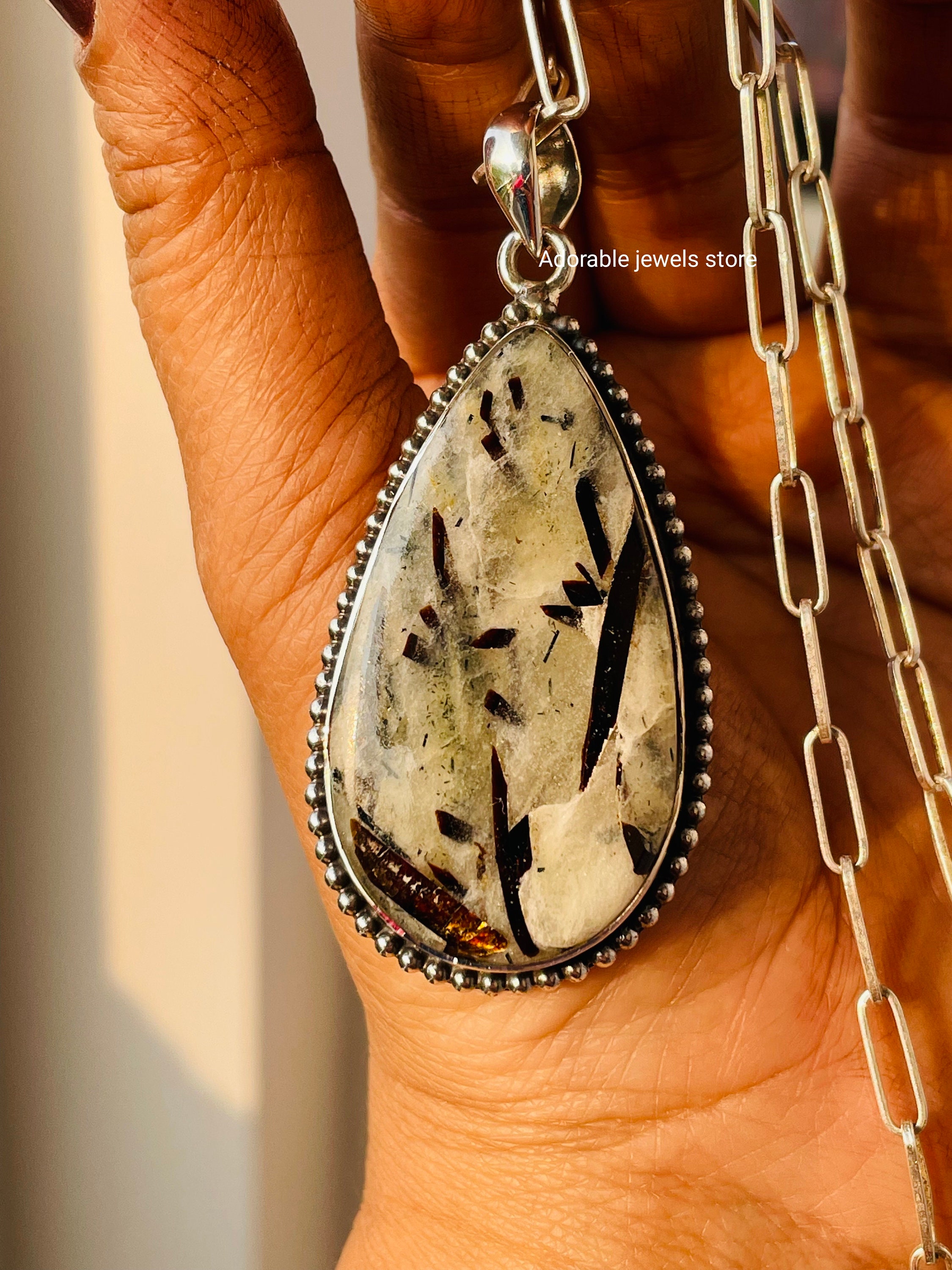 Astrophyllite Sterling Silver Pendant: Rare Gemstone, Pear Shape