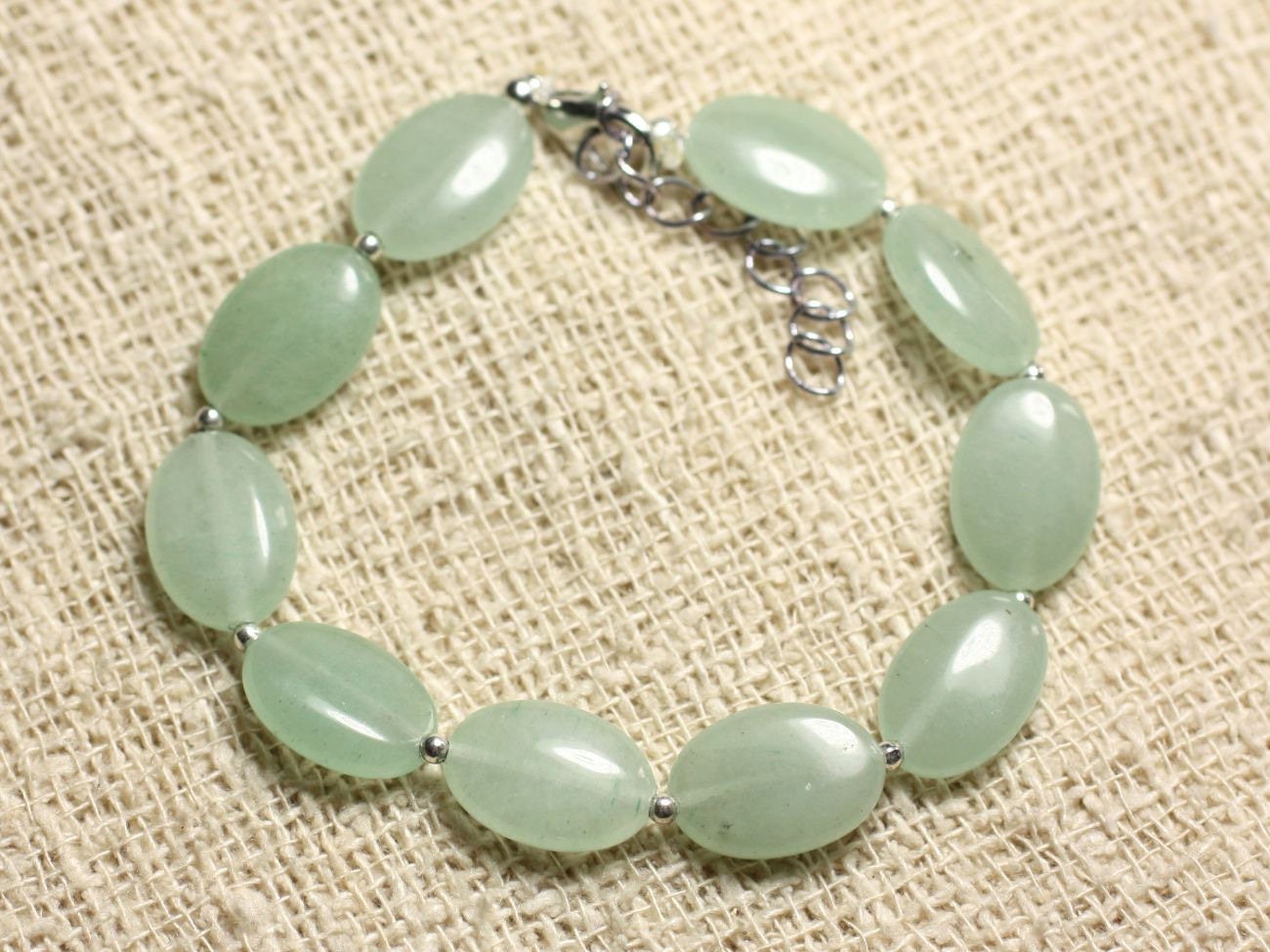 Bracelet Argent 925 Et Pierre - Aventurine Verte Ovales 14x10mm