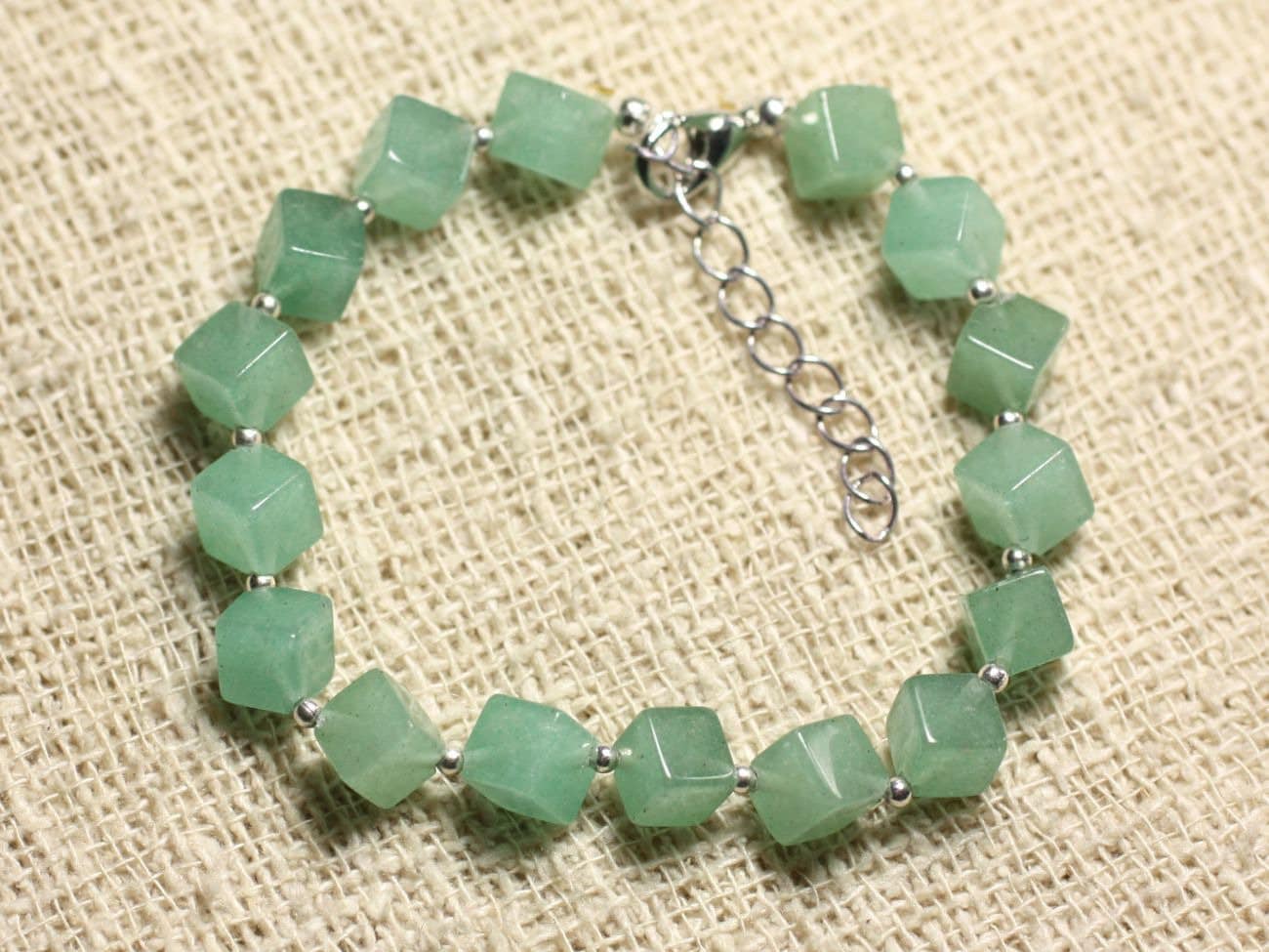 Bracelet Argent 925 Et Pierre - Aventurine Verte Cubes 8x6mm